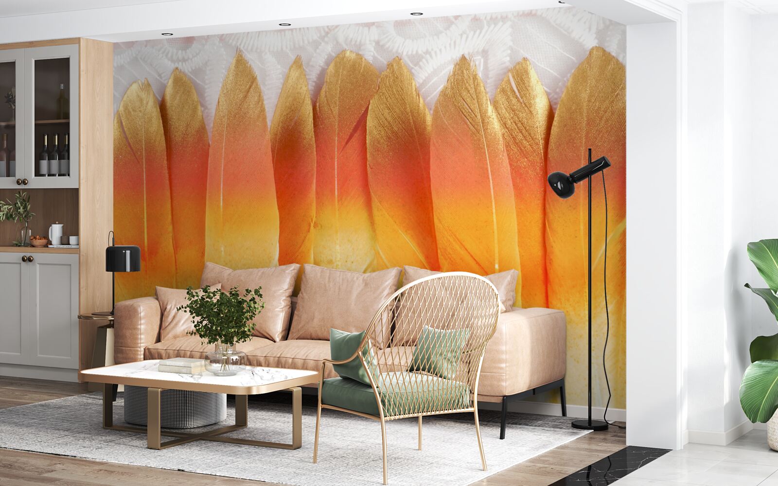 Fotobehang geel getinte veren tegen een achtergrond van dageraad