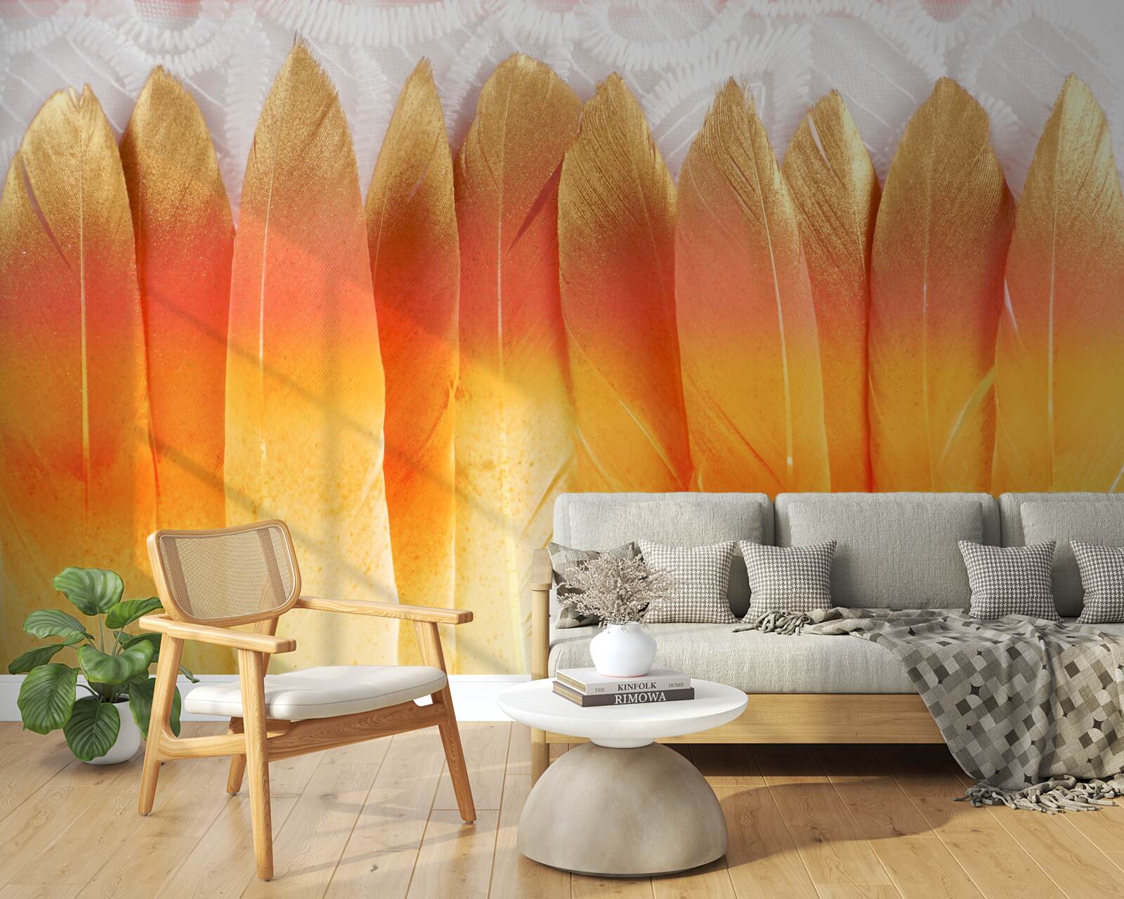 Fotobehang geel getinte veren tegen een achtergrond van dageraad