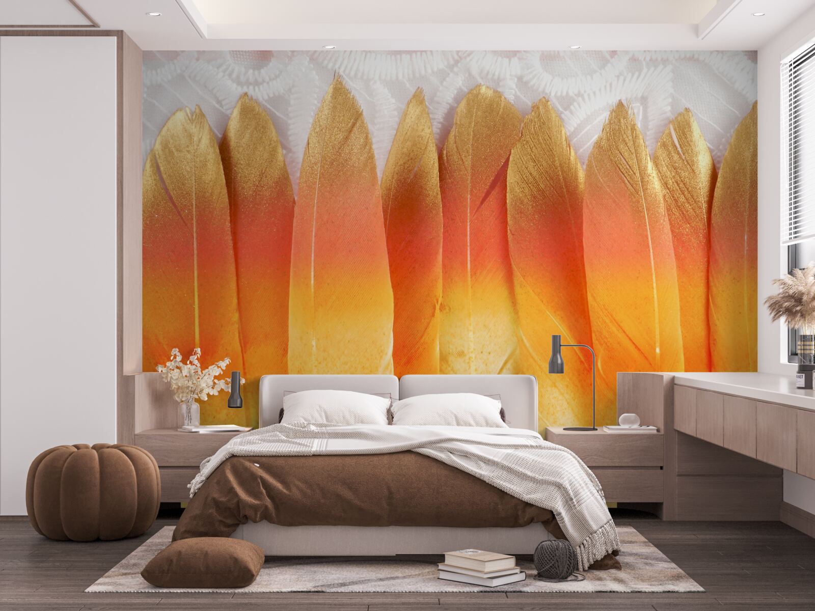 Fotobehang geel getinte veren tegen een achtergrond van dageraad