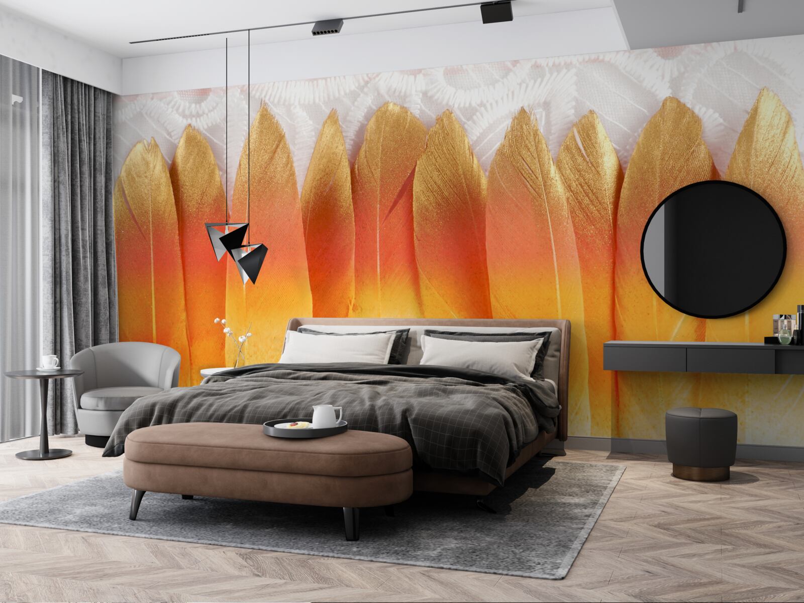 Fotobehang geel getinte veren tegen een achtergrond van dageraad