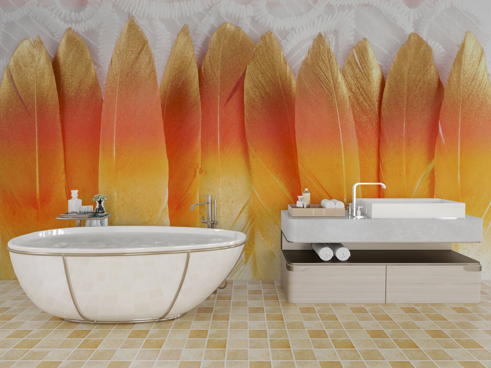 Fotobehang geel getinte veren tegen een achtergrond van dageraad