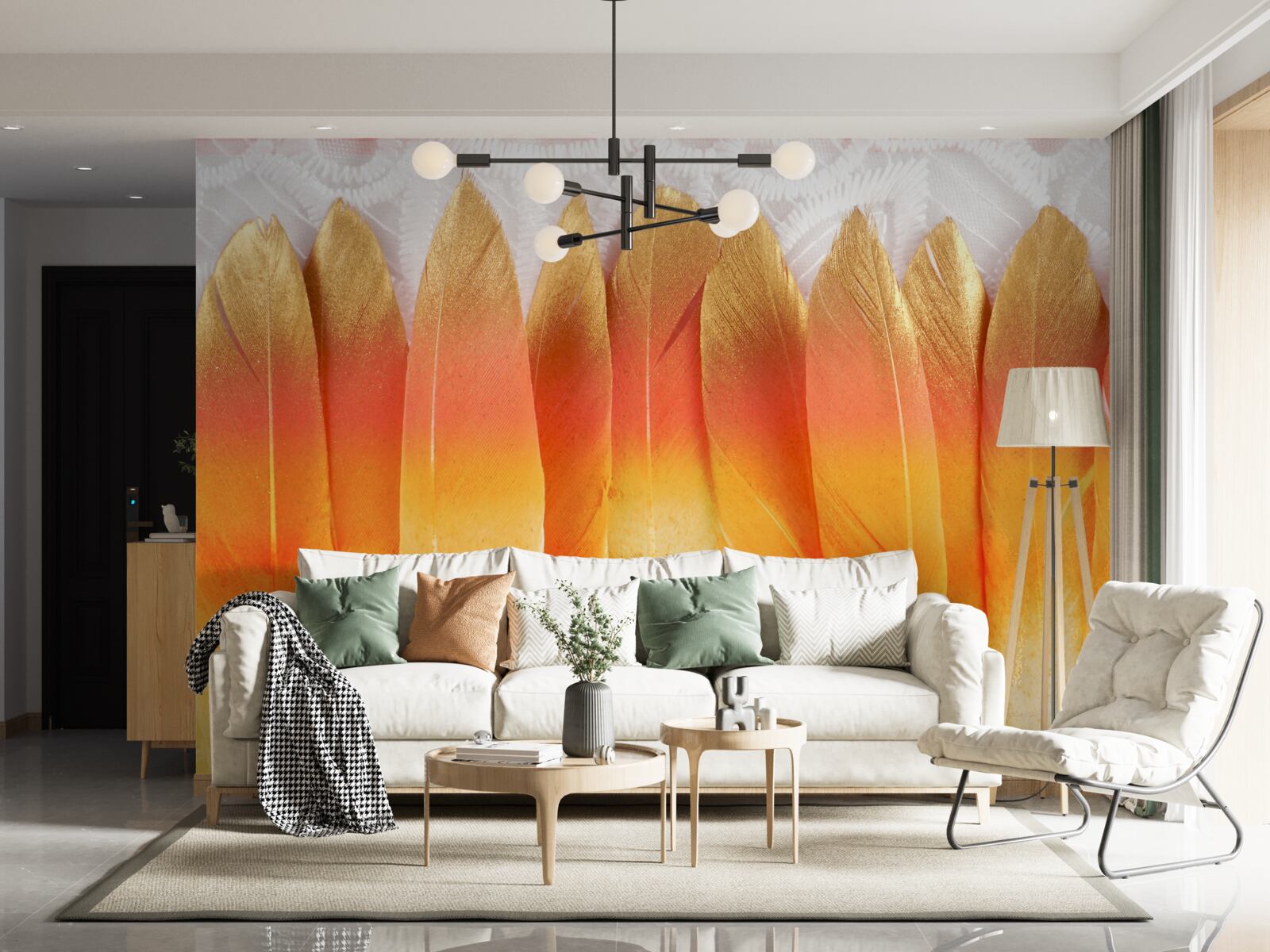 Fotobehang geel getinte veren tegen een achtergrond van dageraad