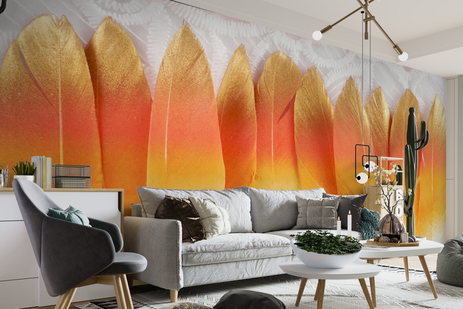 Fotobehang geel getinte veren tegen een achtergrond van dageraad