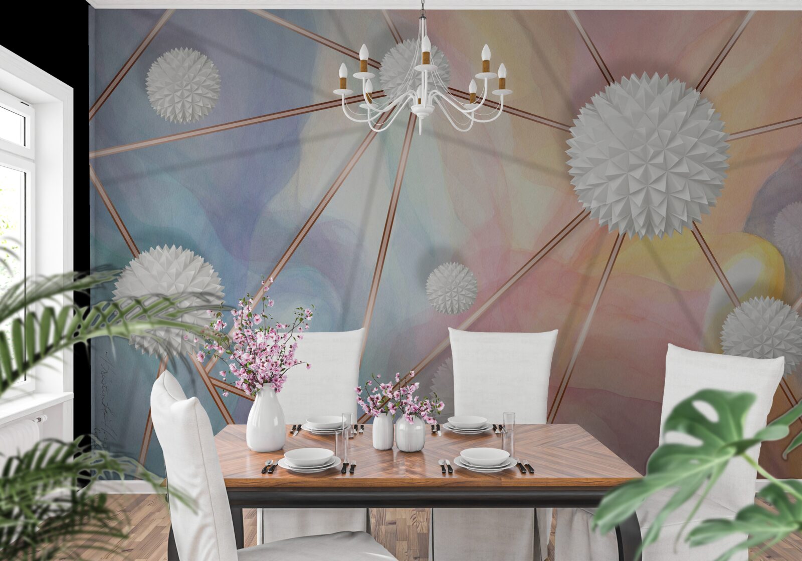 Fotobehang ballen die in de lucht zweefden en de touwen die ze met elkaar verbonden, gemaakt van goud