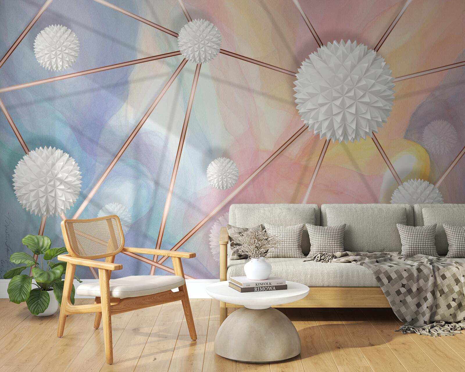 Fotobehang ballen die in de lucht zweefden en de touwen die ze met elkaar verbonden, gemaakt van goud