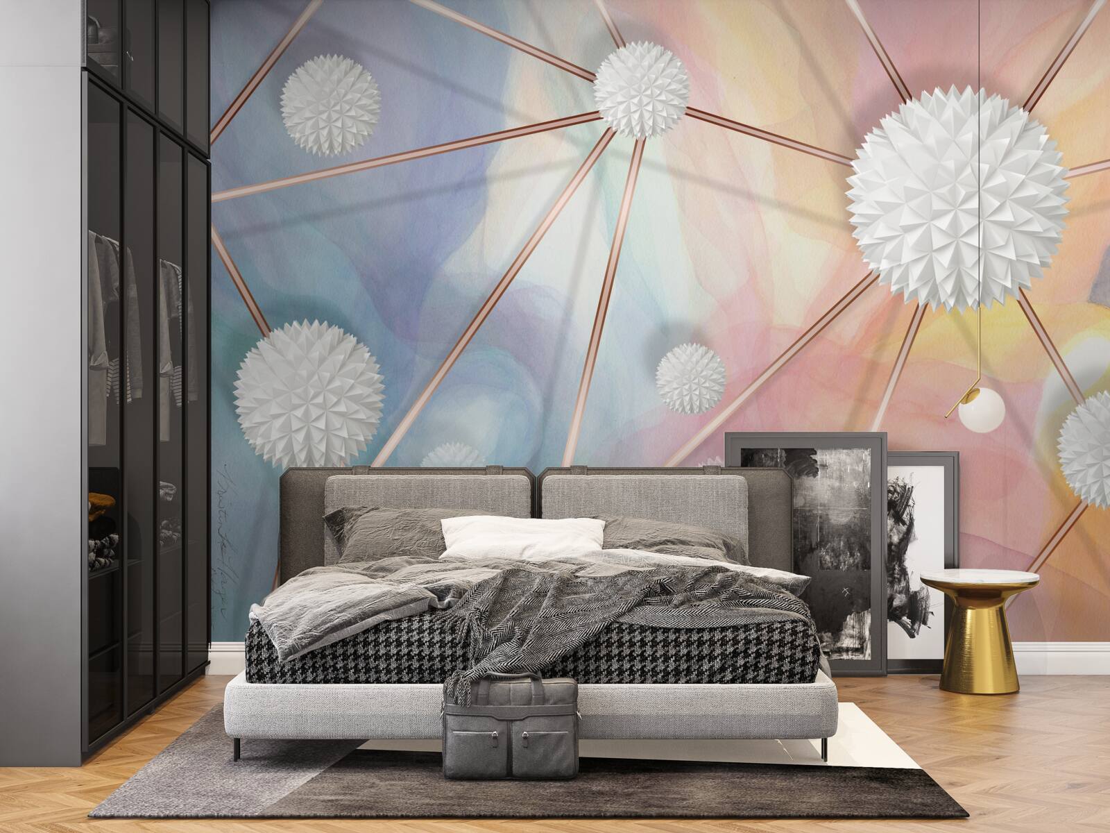 Fotobehang ballen die in de lucht zweefden en de touwen die ze met elkaar verbonden, gemaakt van goud