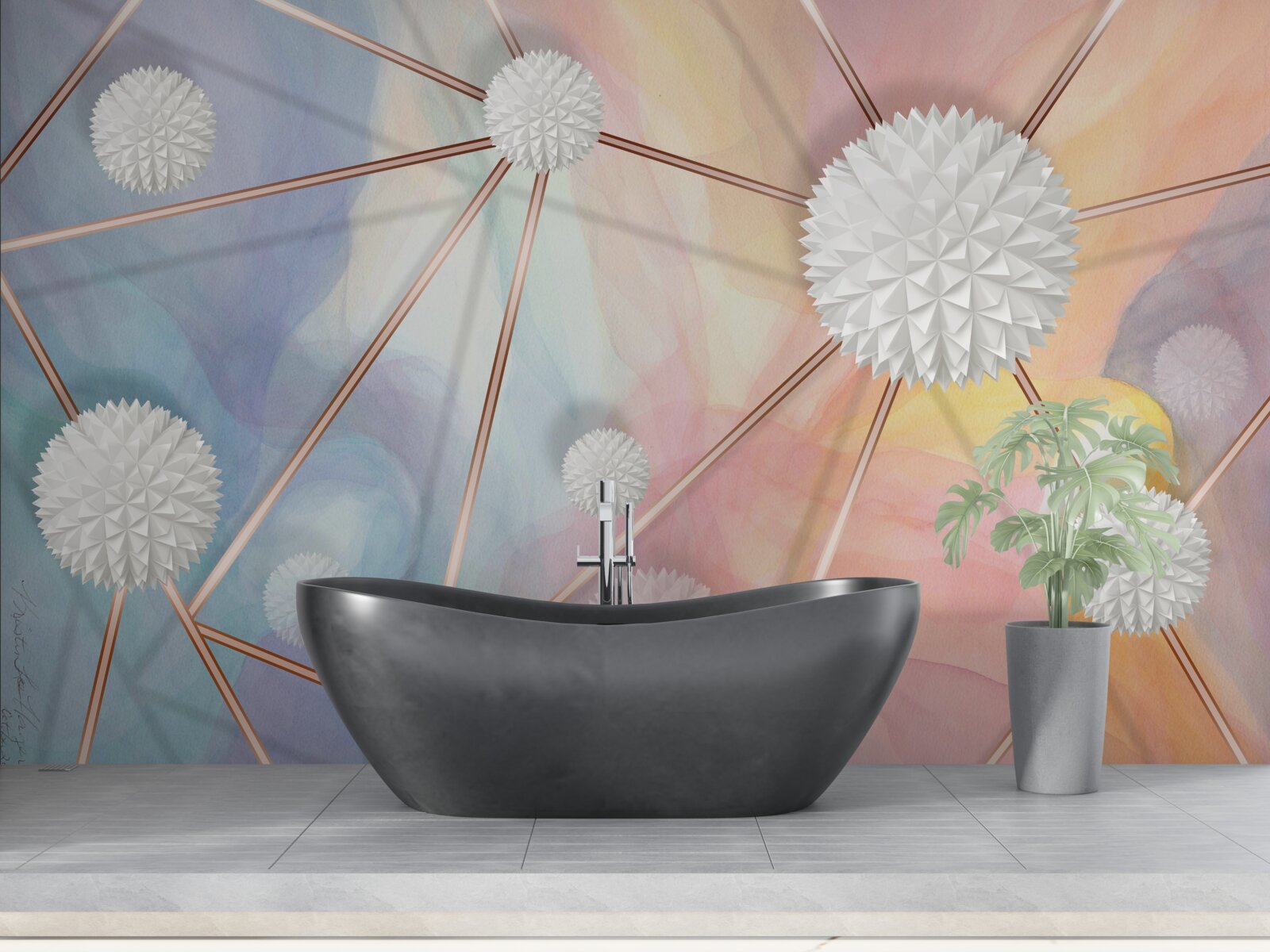 Fotobehang ballen die in de lucht zweefden en de touwen die ze met elkaar verbonden, gemaakt van goud