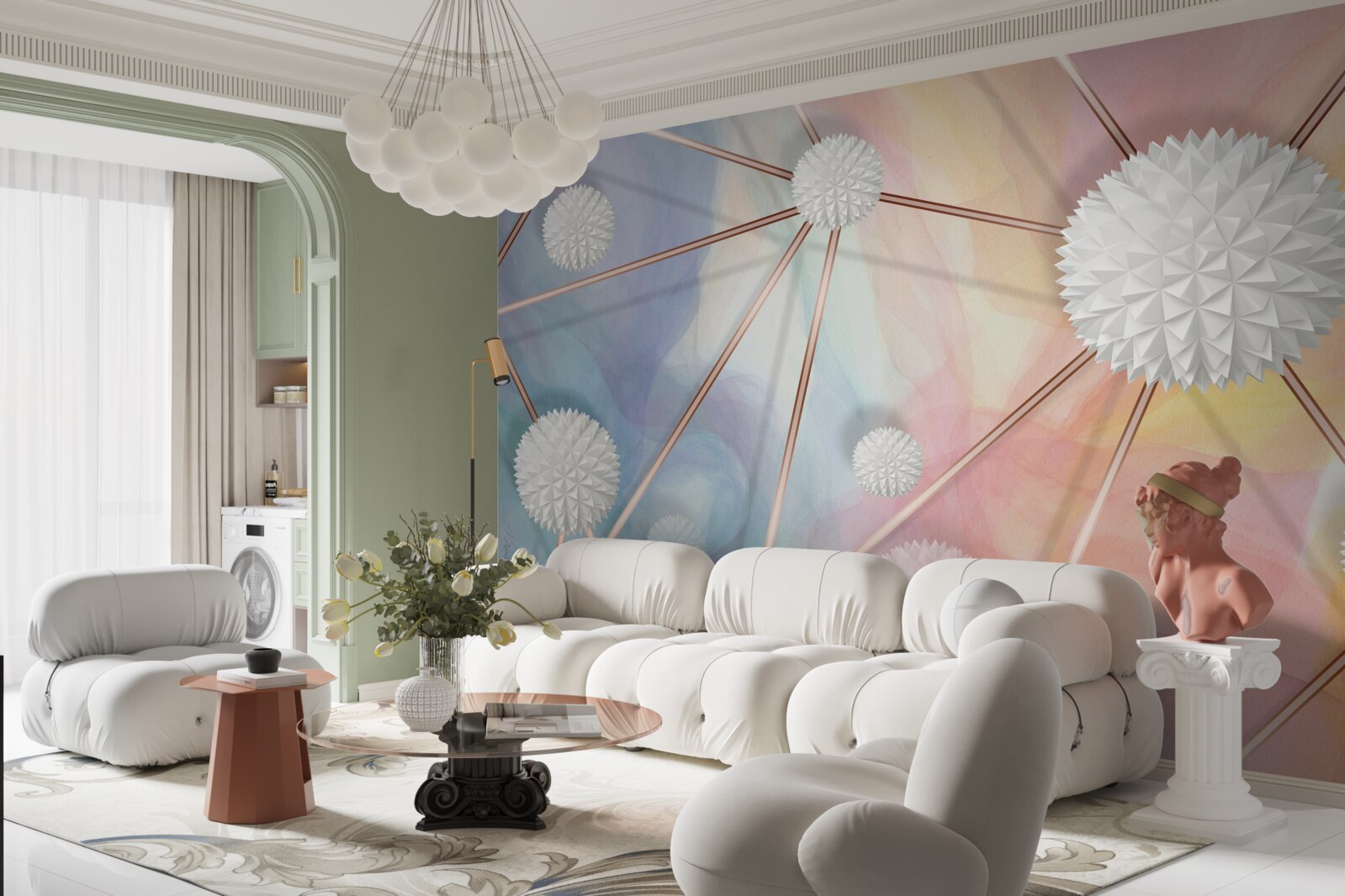 Fotobehang ballen die in de lucht zweefden en de touwen die ze met elkaar verbonden, gemaakt van goud