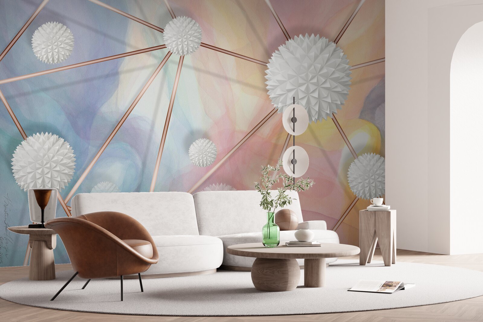 Fotobehang ballen die in de lucht zweefden en de touwen die ze met elkaar verbonden, gemaakt van goud