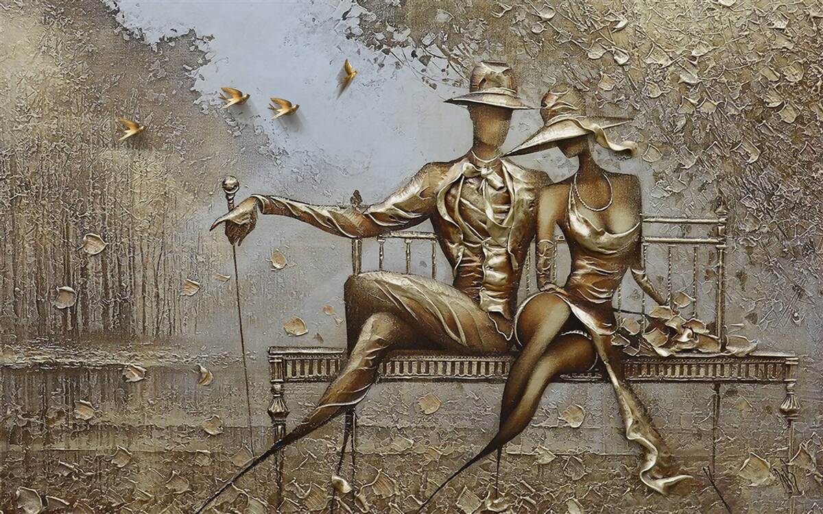 Fotobehang jonge geliefden op een bankje tijdens een regenbui