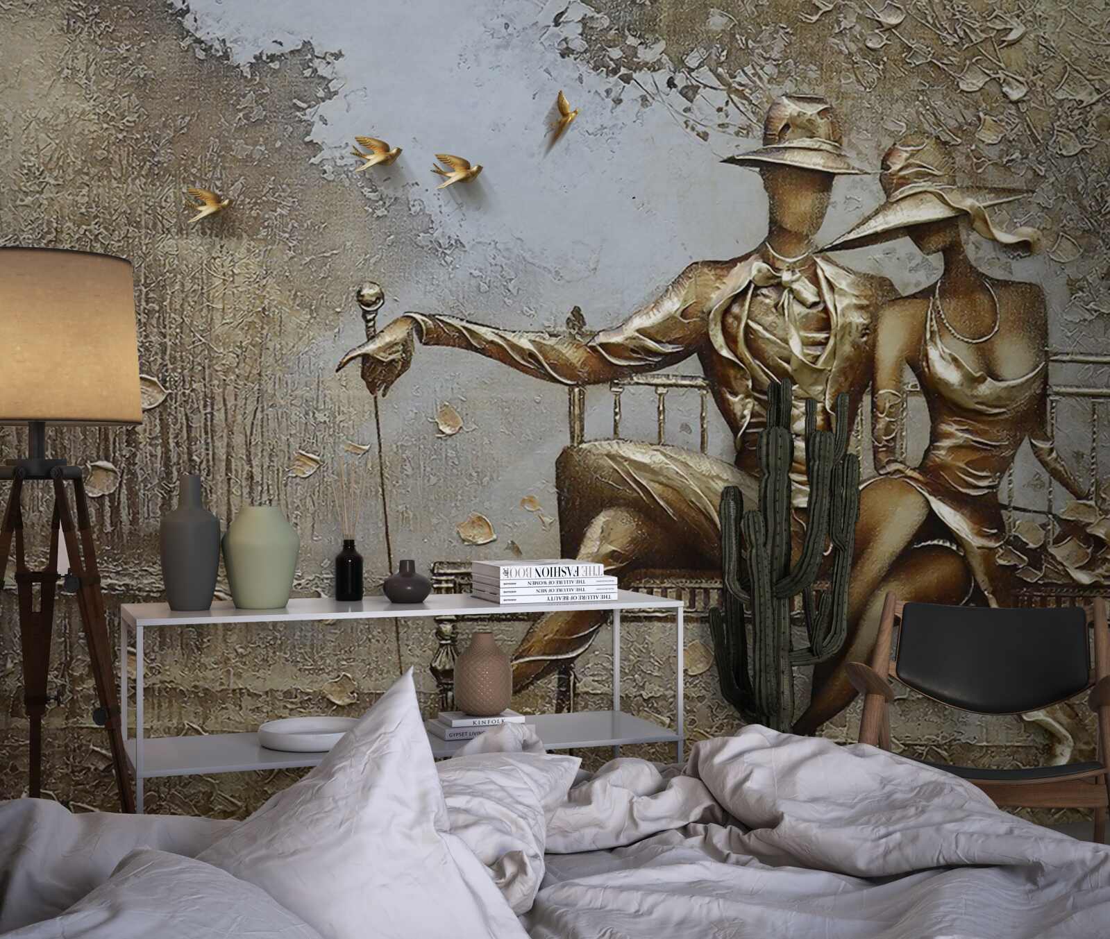 Fotobehang jonge geliefden op een bankje tijdens een regenbui