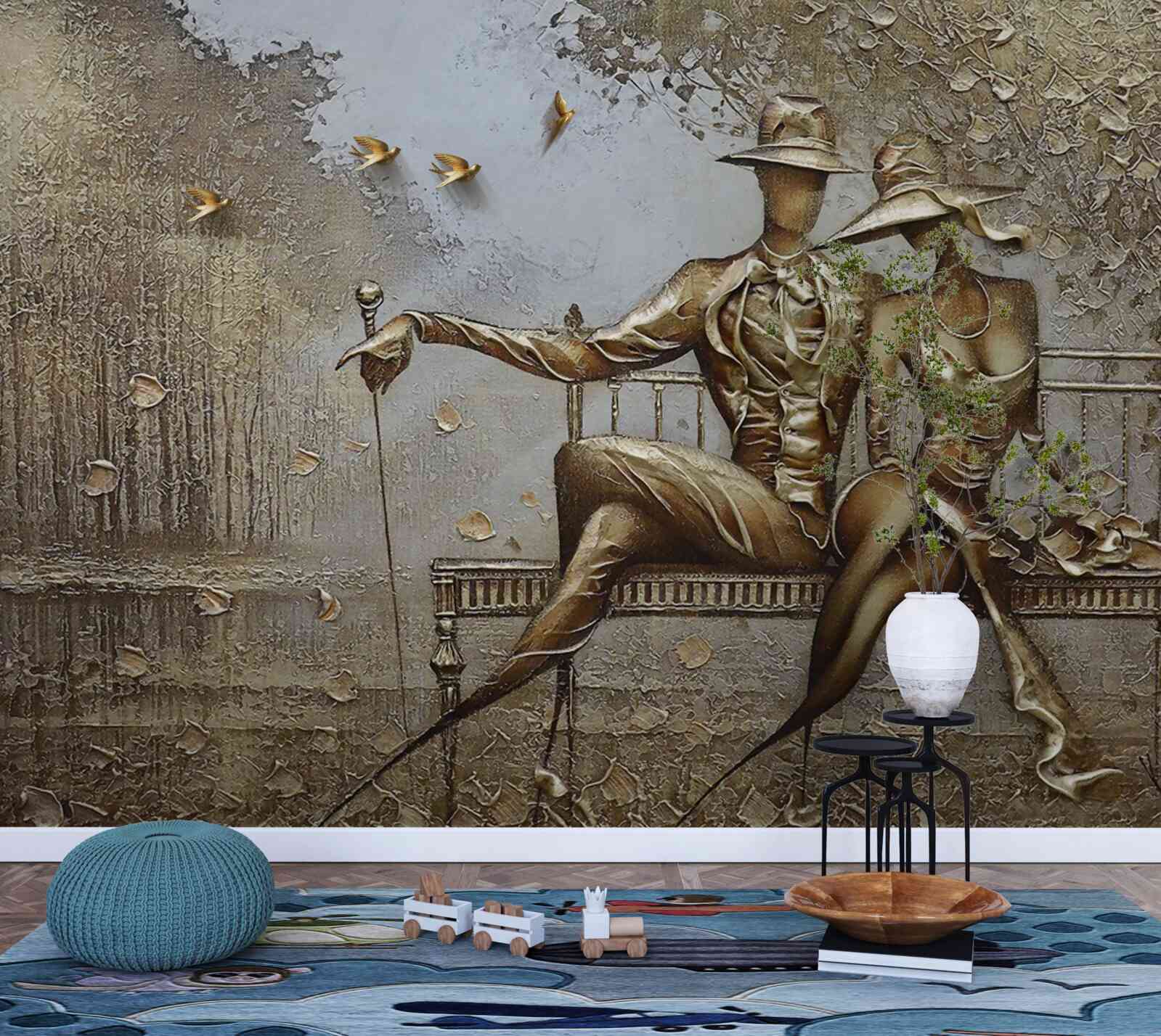 Fotobehang jonge geliefden op een bankje tijdens een regenbui