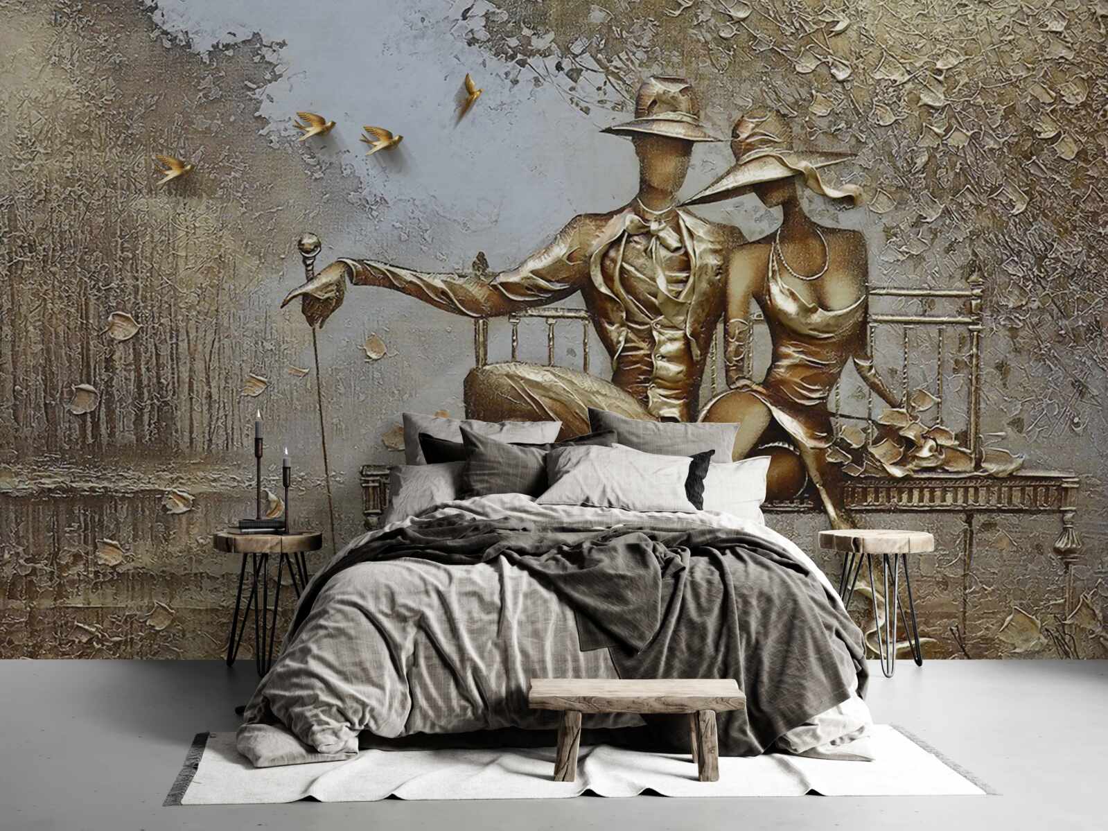 Fotobehang jonge geliefden op een bankje tijdens een regenbui