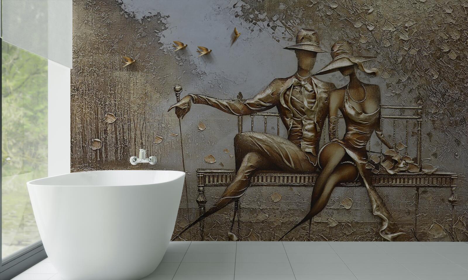 Fotobehang jonge geliefden op een bankje tijdens een regenbui