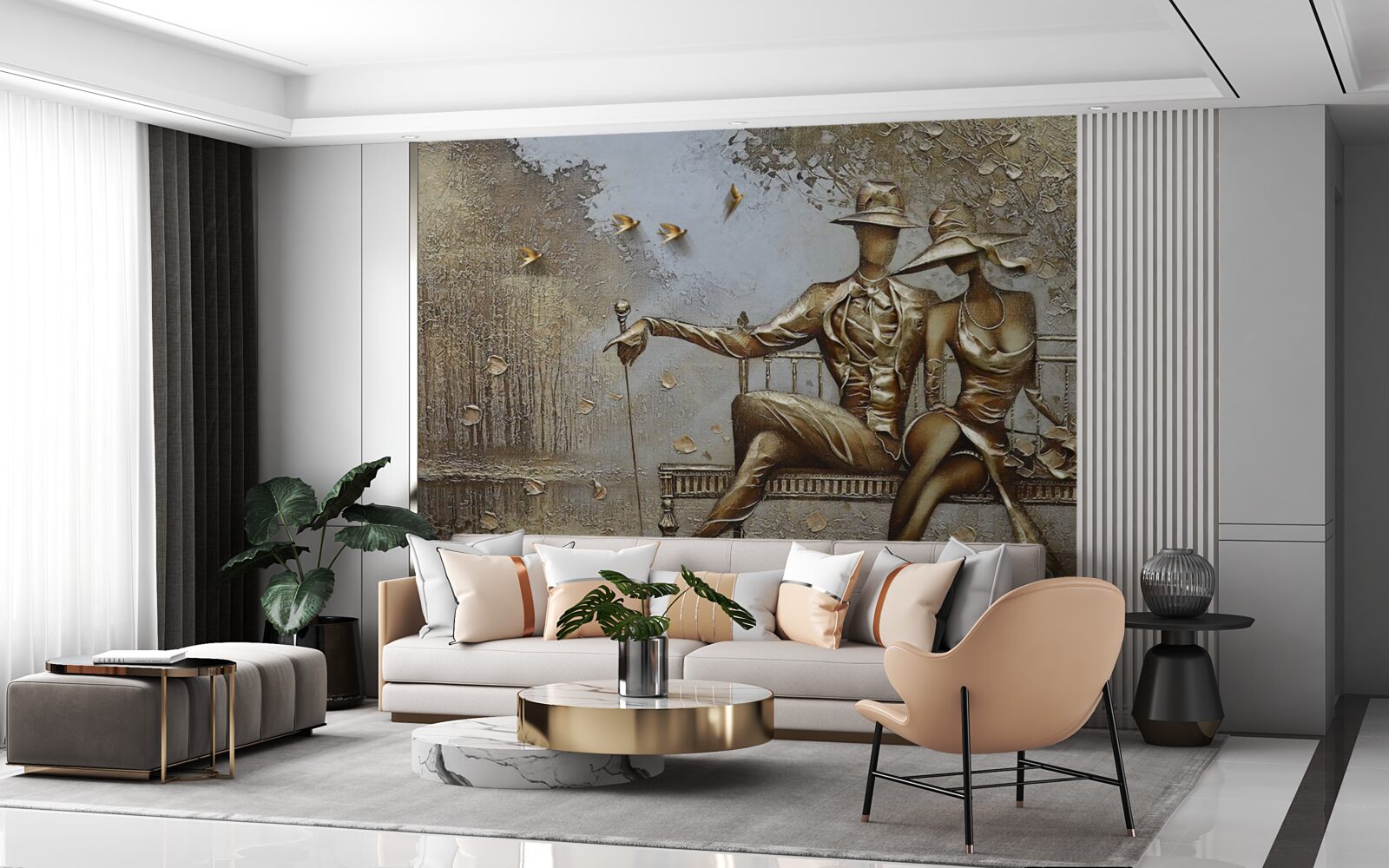 Fotobehang jonge geliefden op een bankje tijdens een regenbui