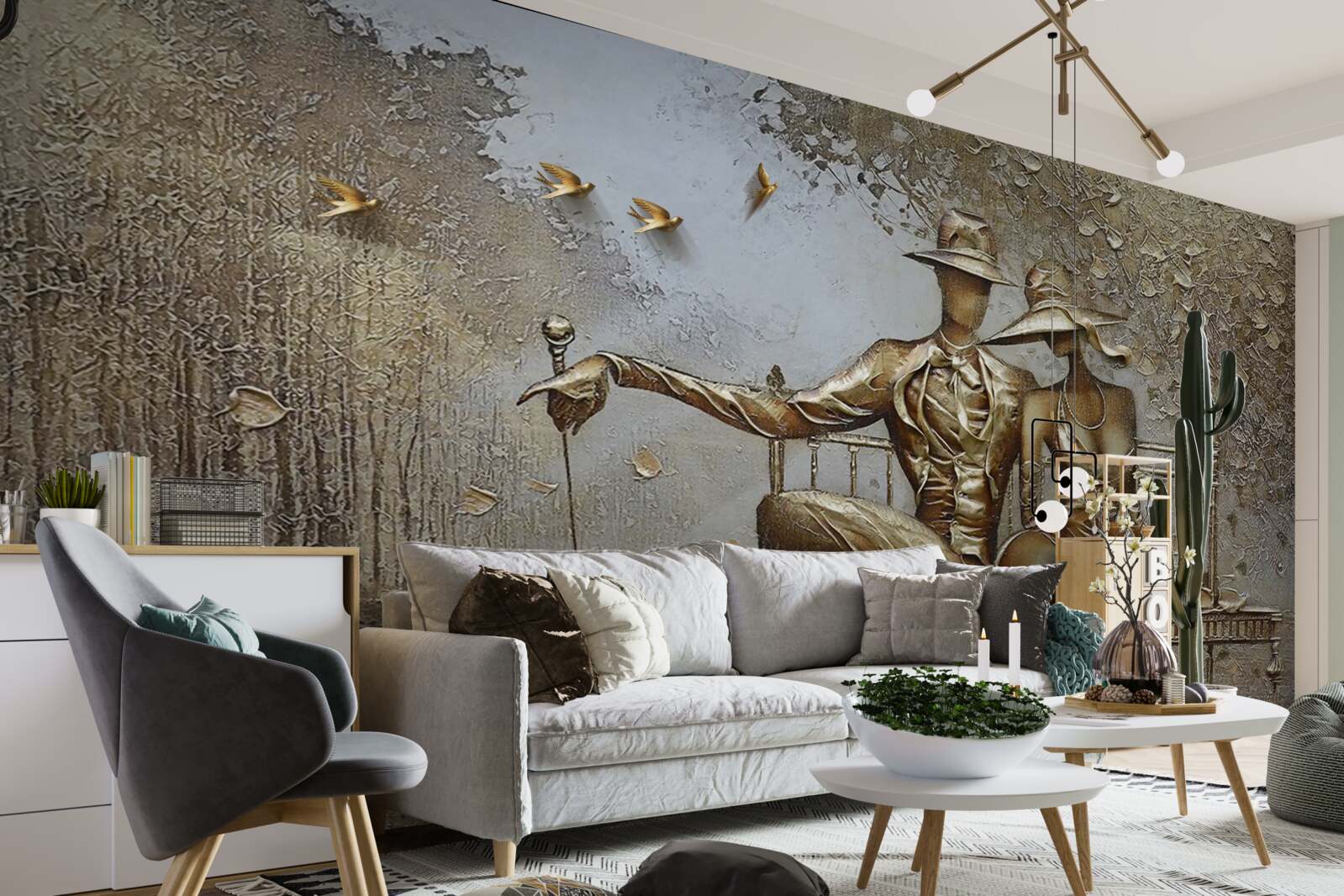 Fotobehang jonge geliefden op een bankje tijdens een regenbui