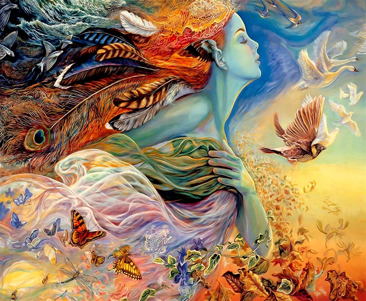 Fotobehang meisje omringd door herfstbloemen, gewiegd door de wind