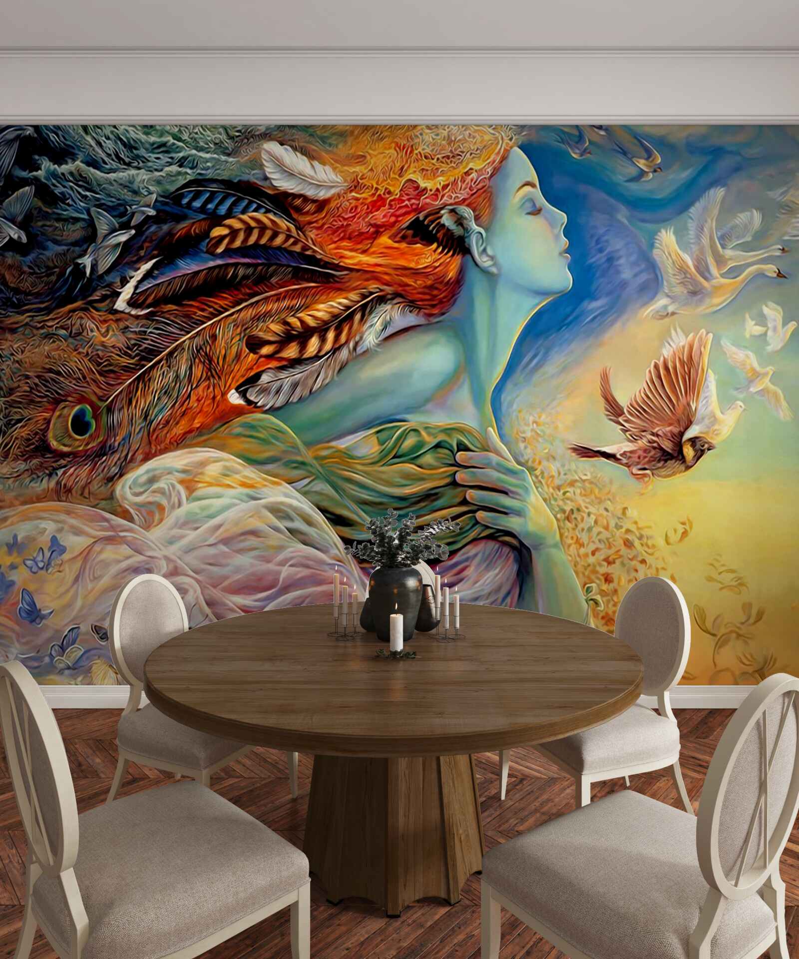 Fotobehang meisje omringd door herfstbloemen, gewiegd door de wind