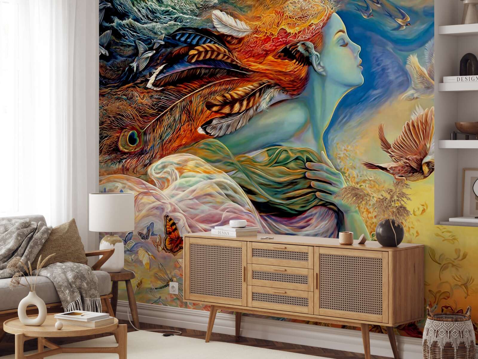 Fotobehang meisje omringd door herfstbloemen, gewiegd door de wind