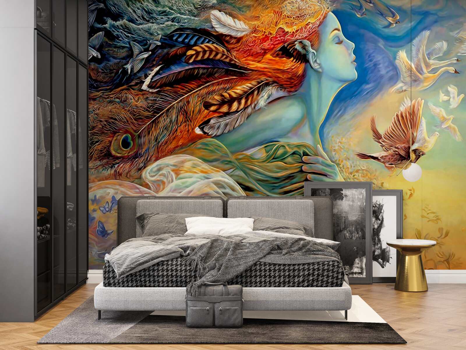 Fotobehang meisje omringd door herfstbloemen, gewiegd door de wind