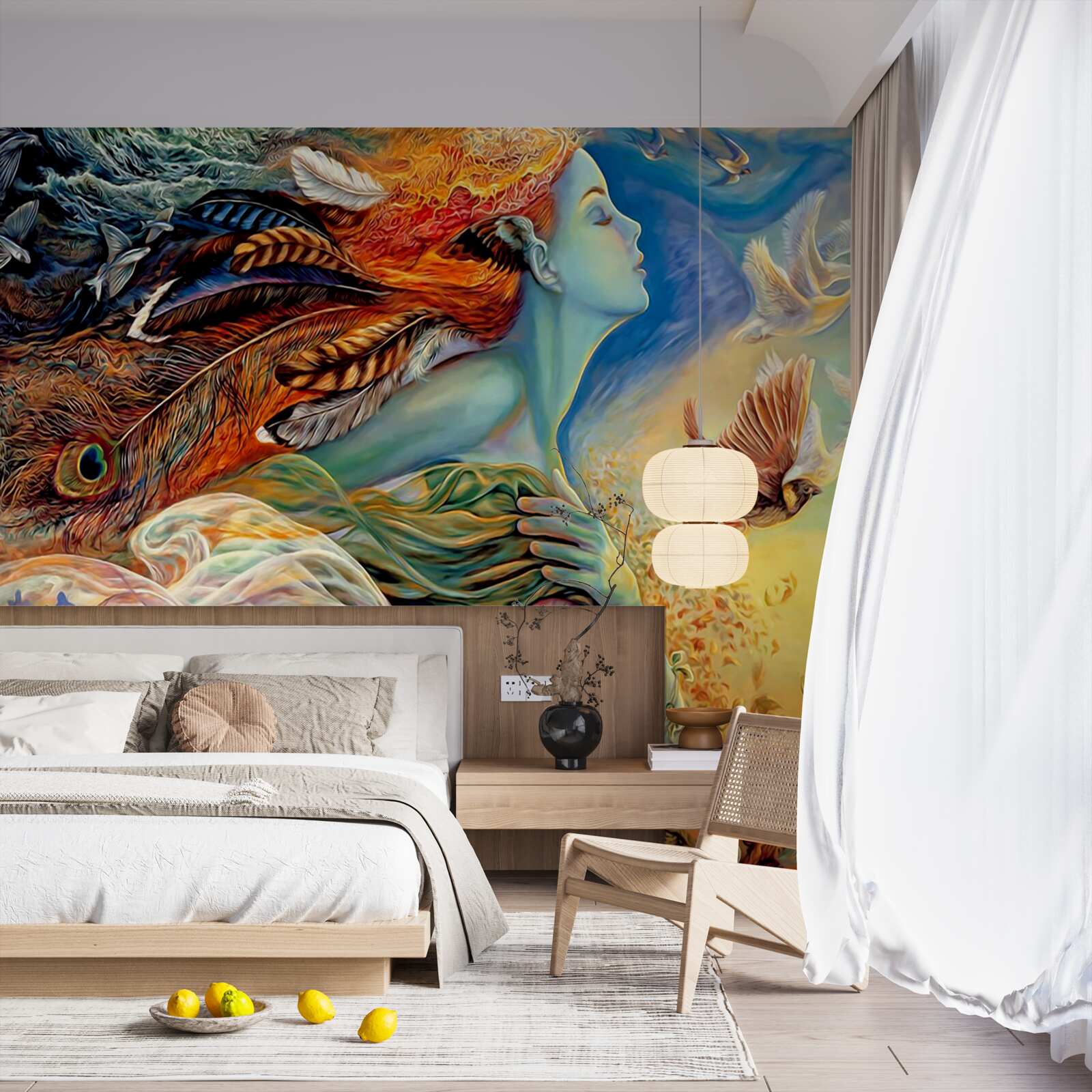 Fotobehang meisje omringd door herfstbloemen, gewiegd door de wind