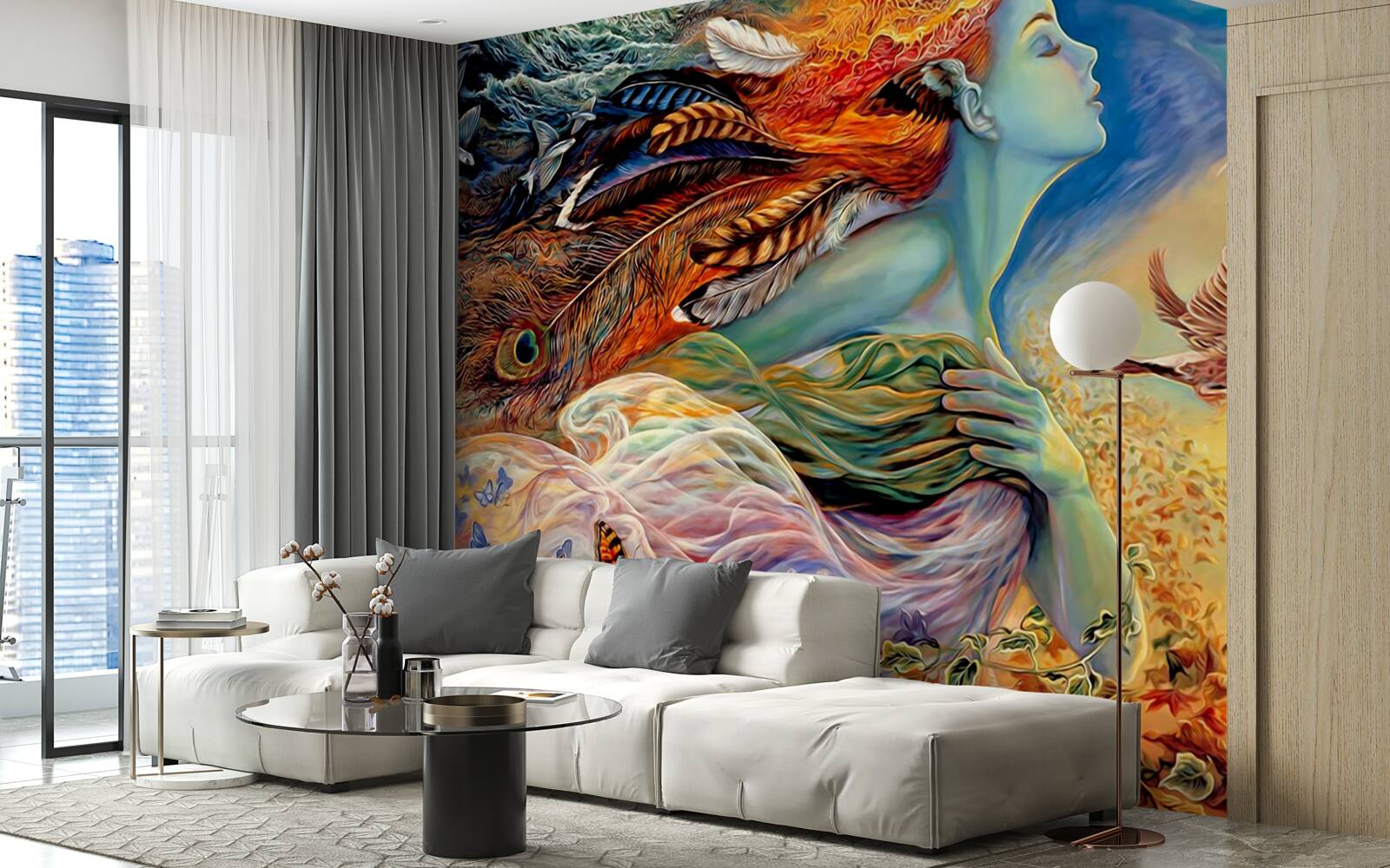 Fotobehang meisje omringd door herfstbloemen, gewiegd door de wind