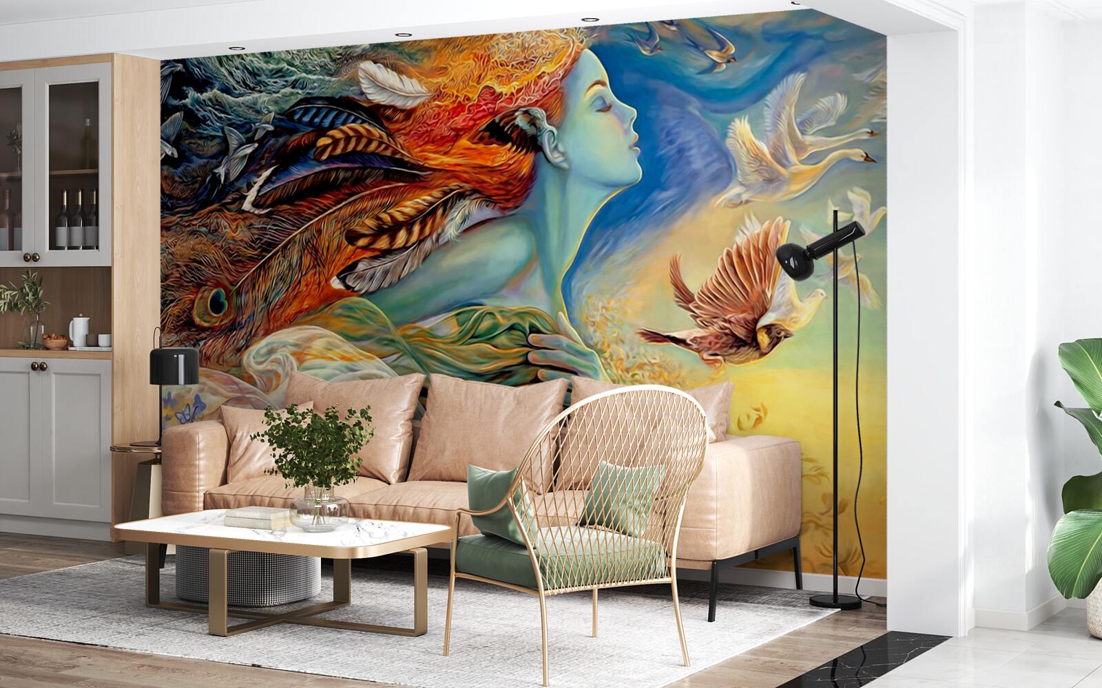 Fotobehang meisje omringd door herfstbloemen, gewiegd door de wind