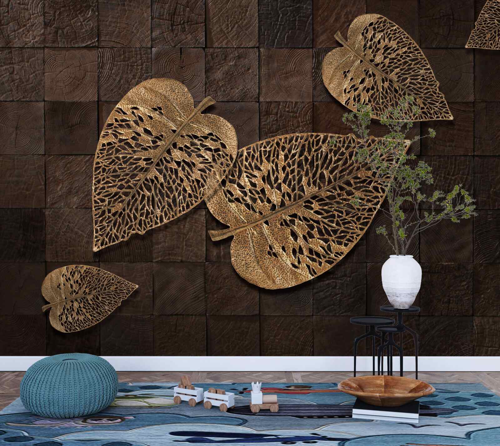 Fotobehang bruine metalen bladeren