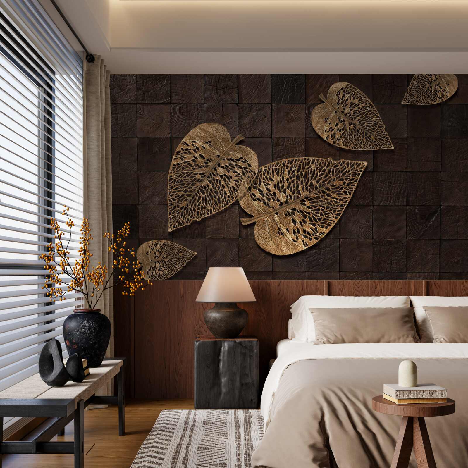 Fotobehang bruine metalen bladeren