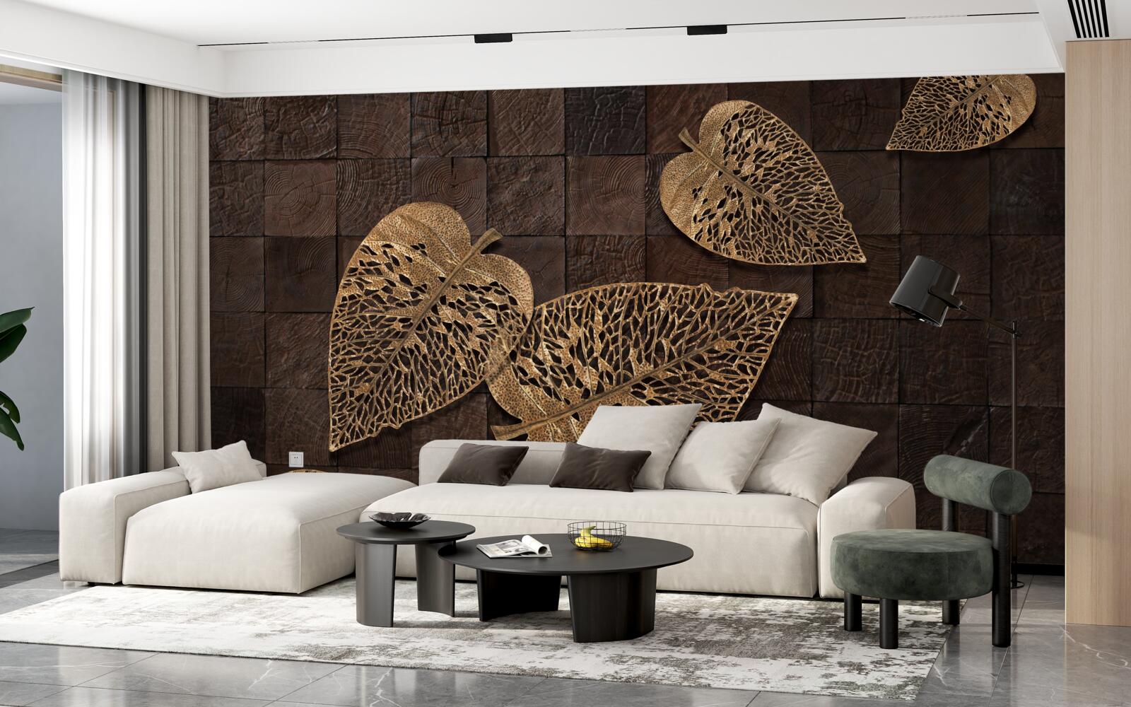 Fotobehang bruine metalen bladeren