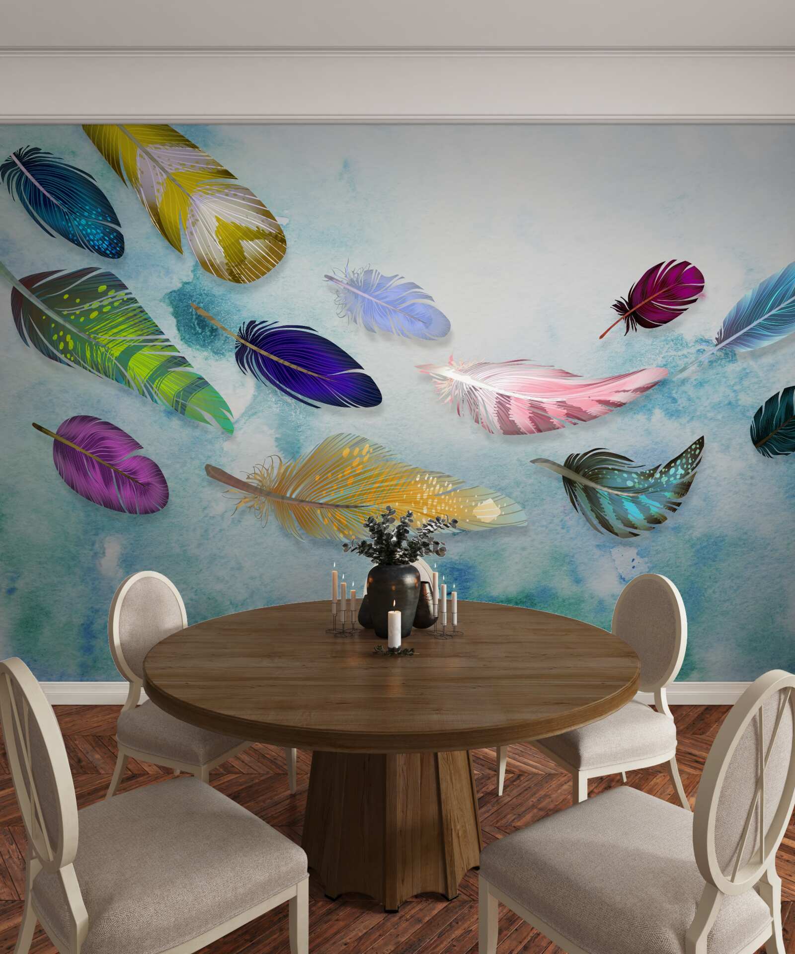 Fotobehang veren van verschillende vormen en tinten zweven in de lucht