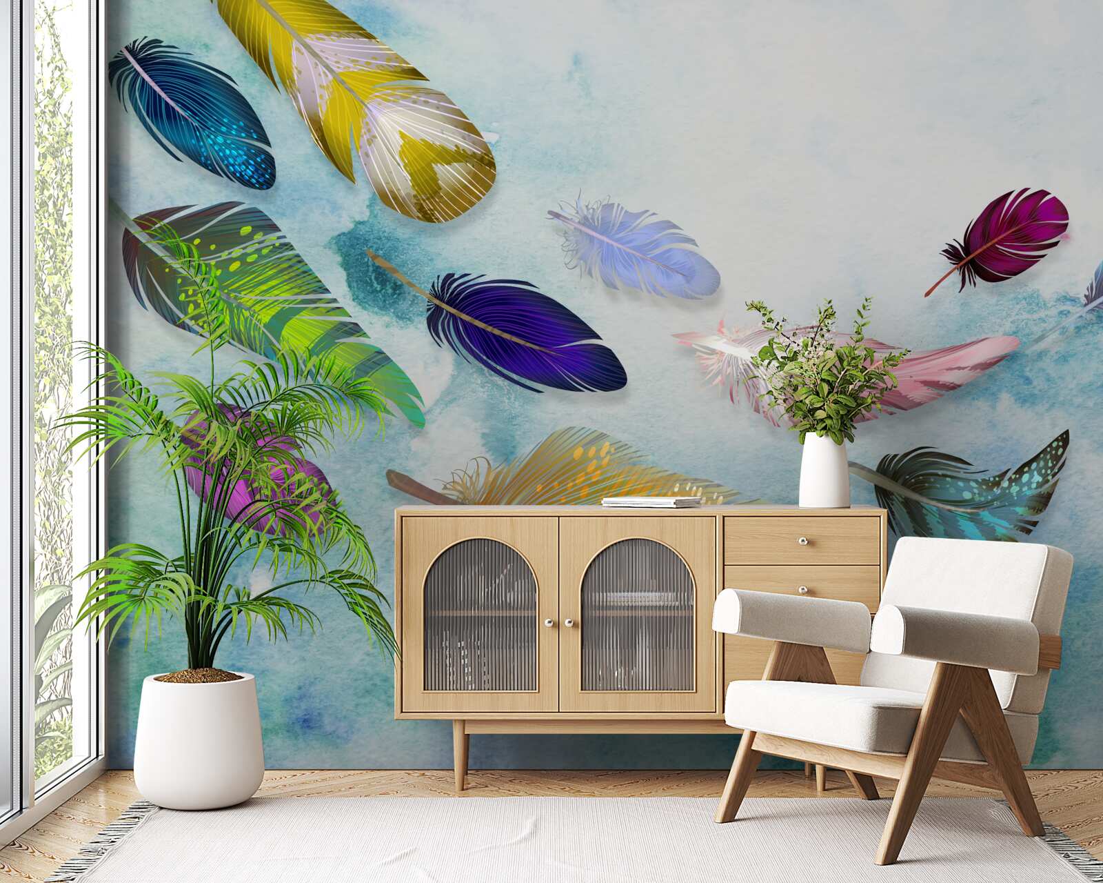 Fotobehang veren van verschillende vormen en tinten zweven in de lucht