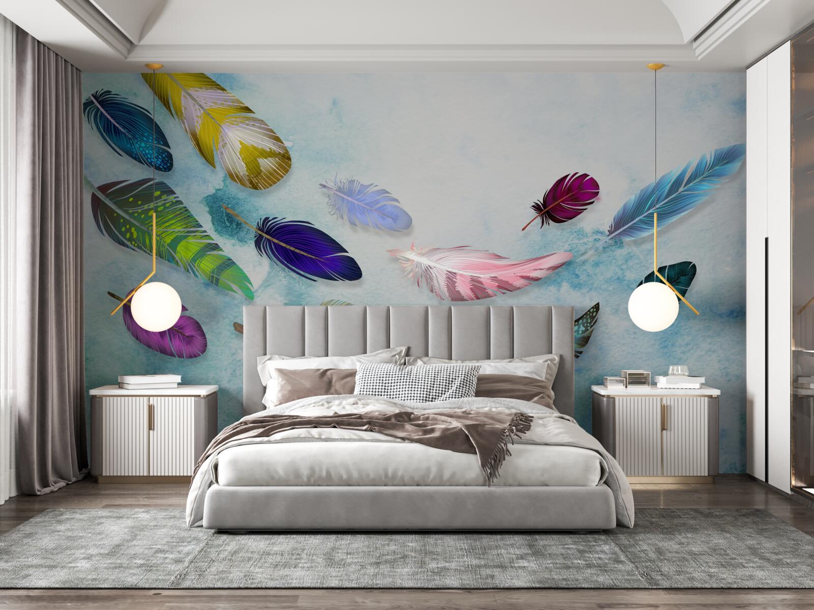 Fotobehang veren van verschillende vormen en tinten zweven in de lucht