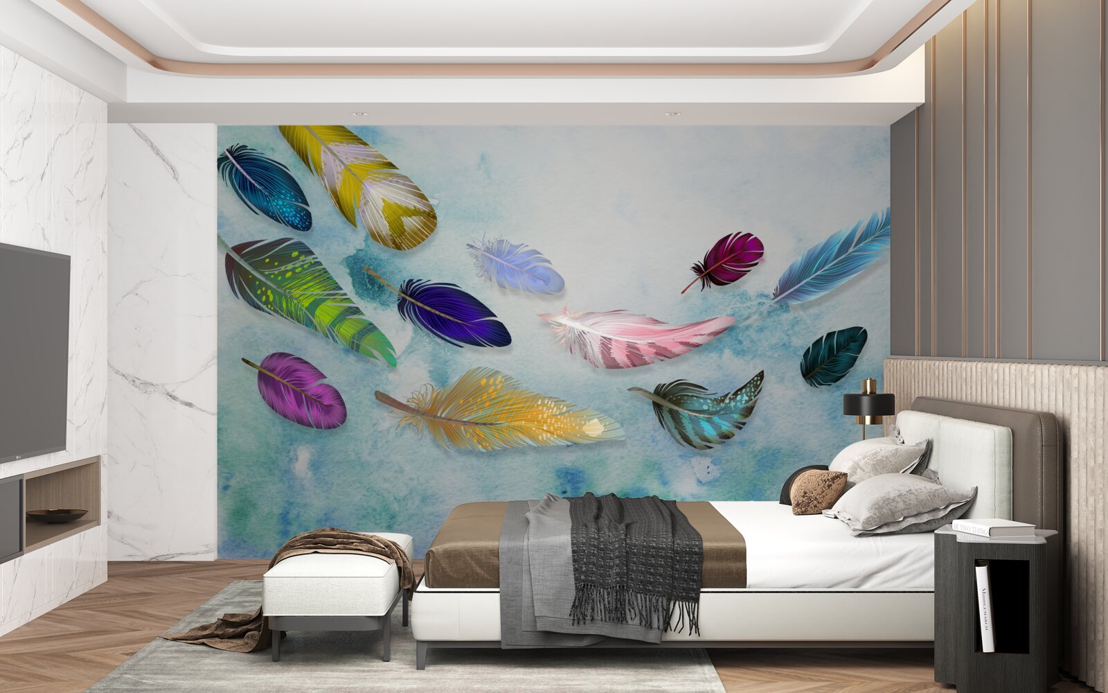 Fotobehang veren van verschillende vormen en tinten zweven in de lucht