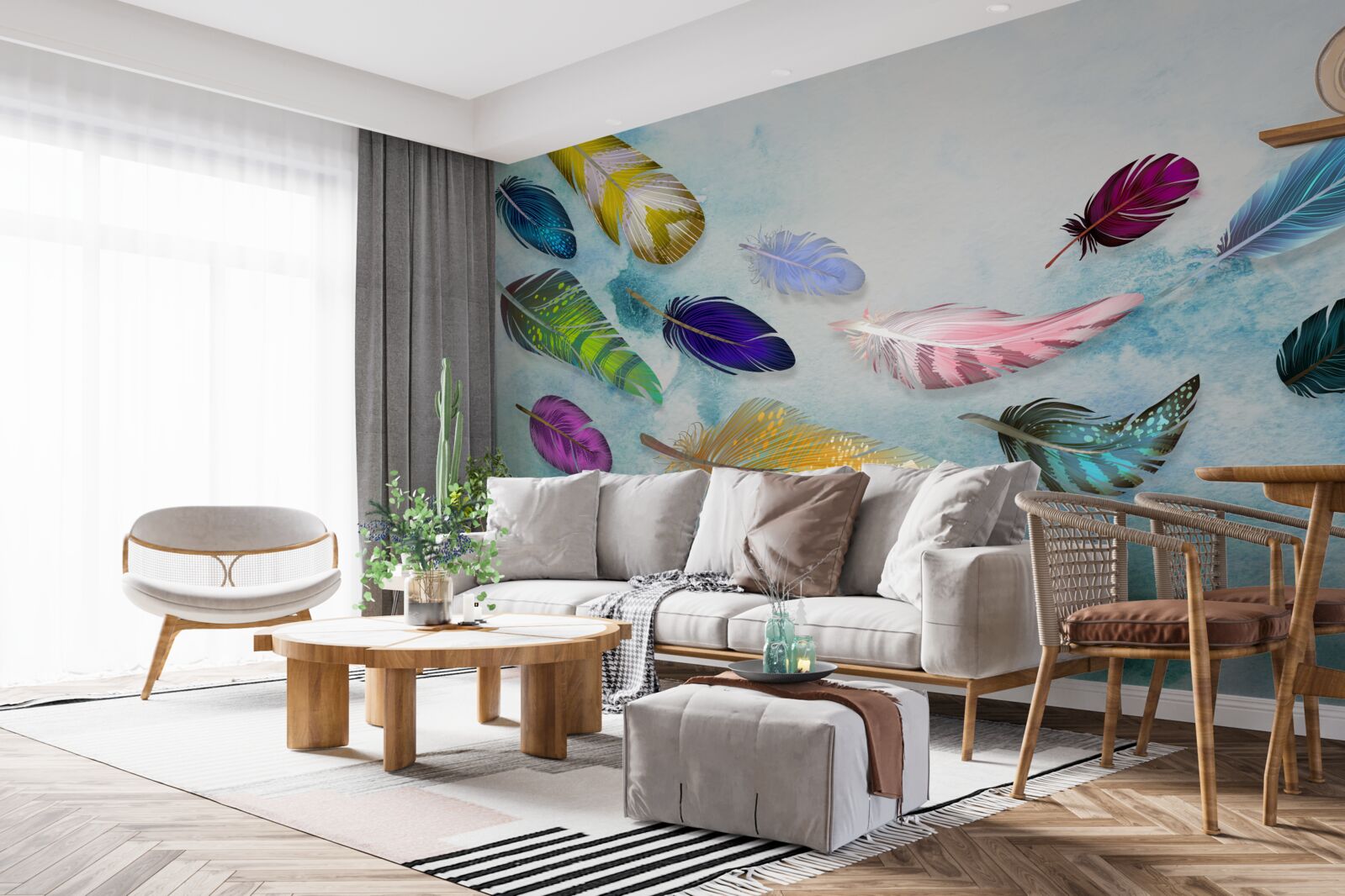 Fotobehang veren van verschillende vormen en tinten zweven in de lucht