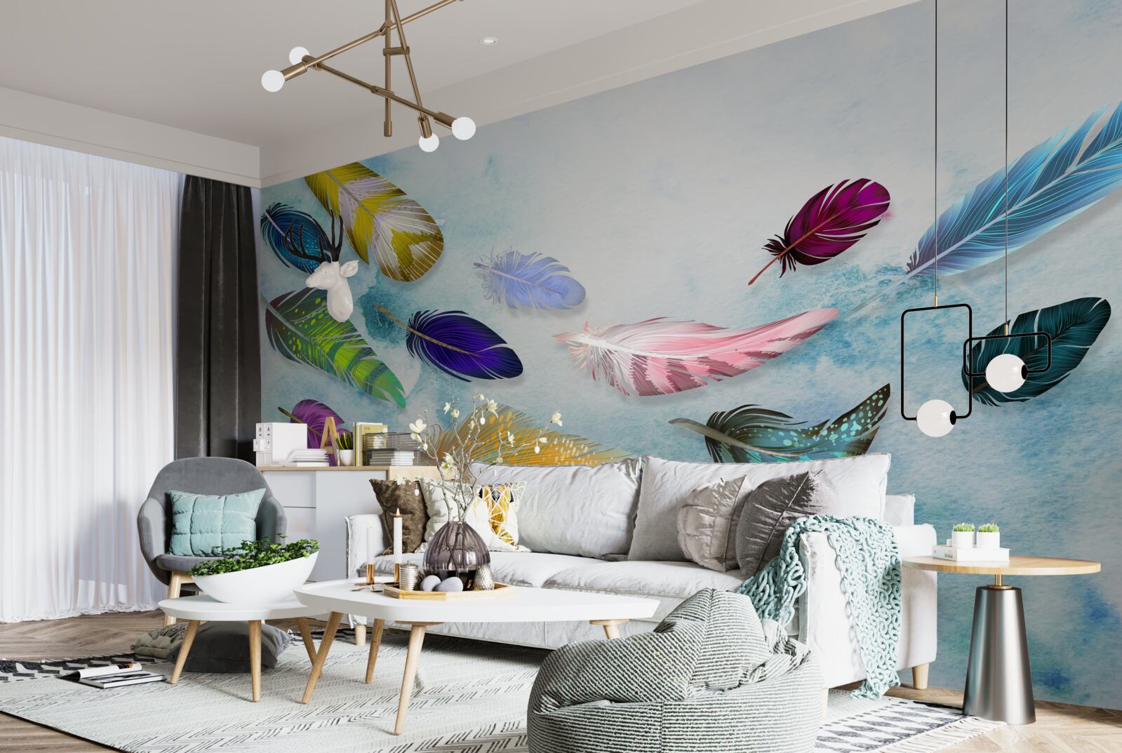 Fotobehang veren van verschillende vormen en tinten zweven in de lucht