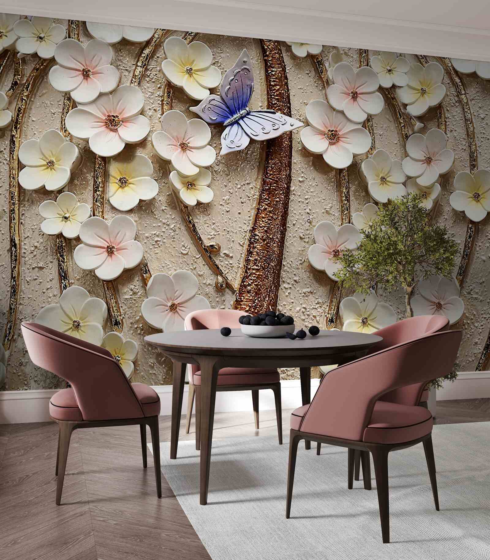 Fotobehang zachte knoppen en blauwe vlinder