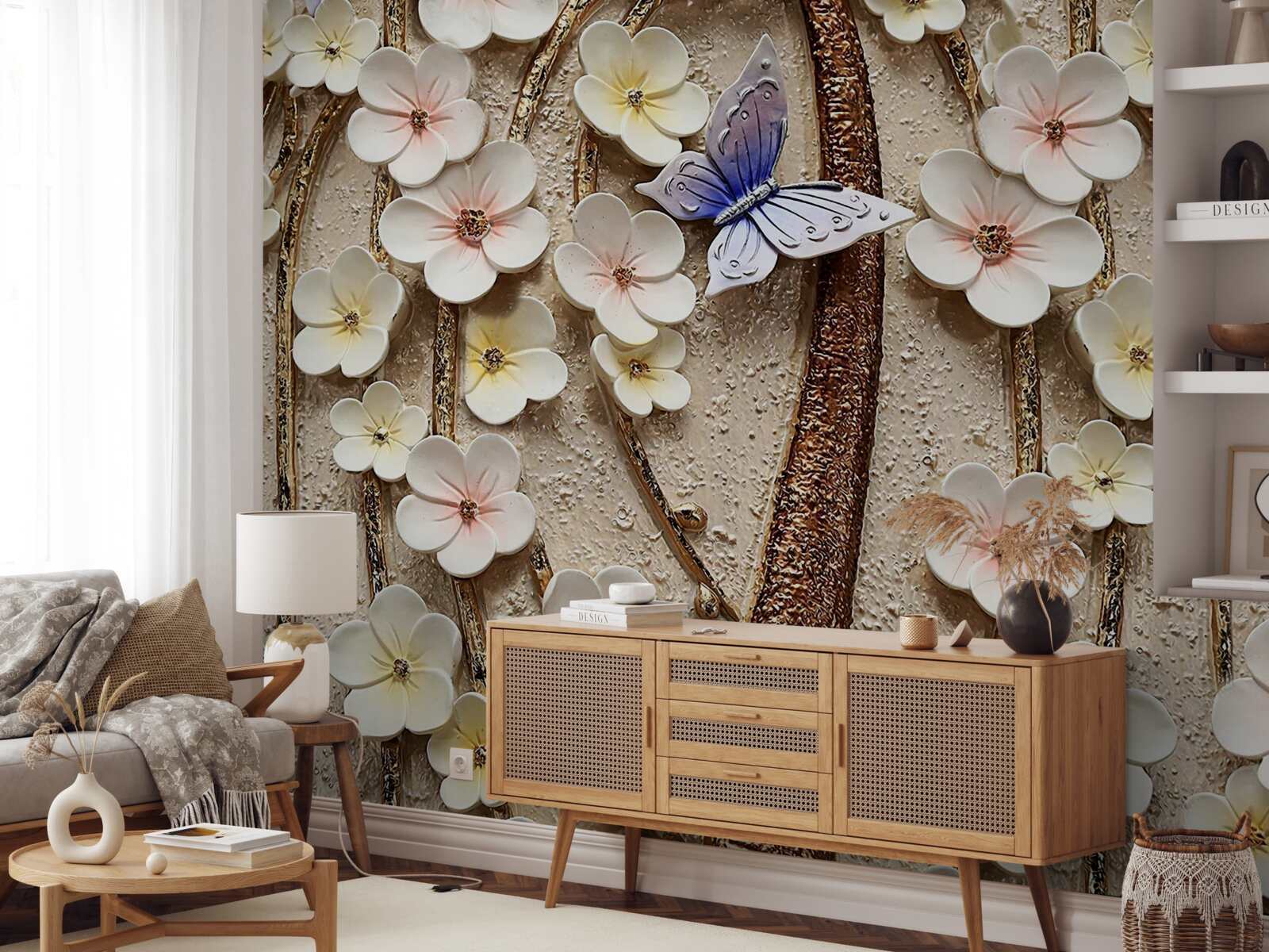 Fotobehang zachte knoppen en blauwe vlinder