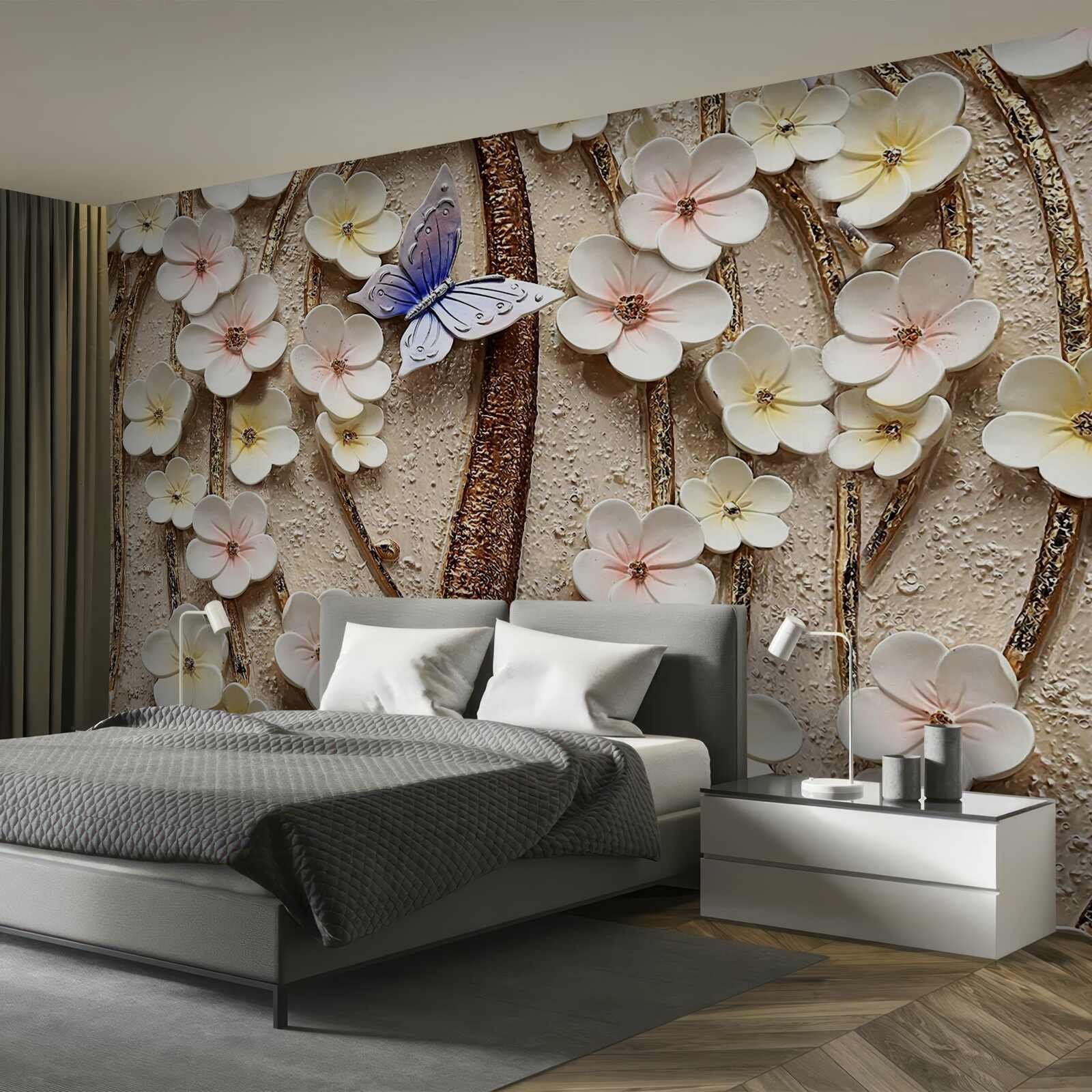 Fotobehang zachte knoppen en blauwe vlinder