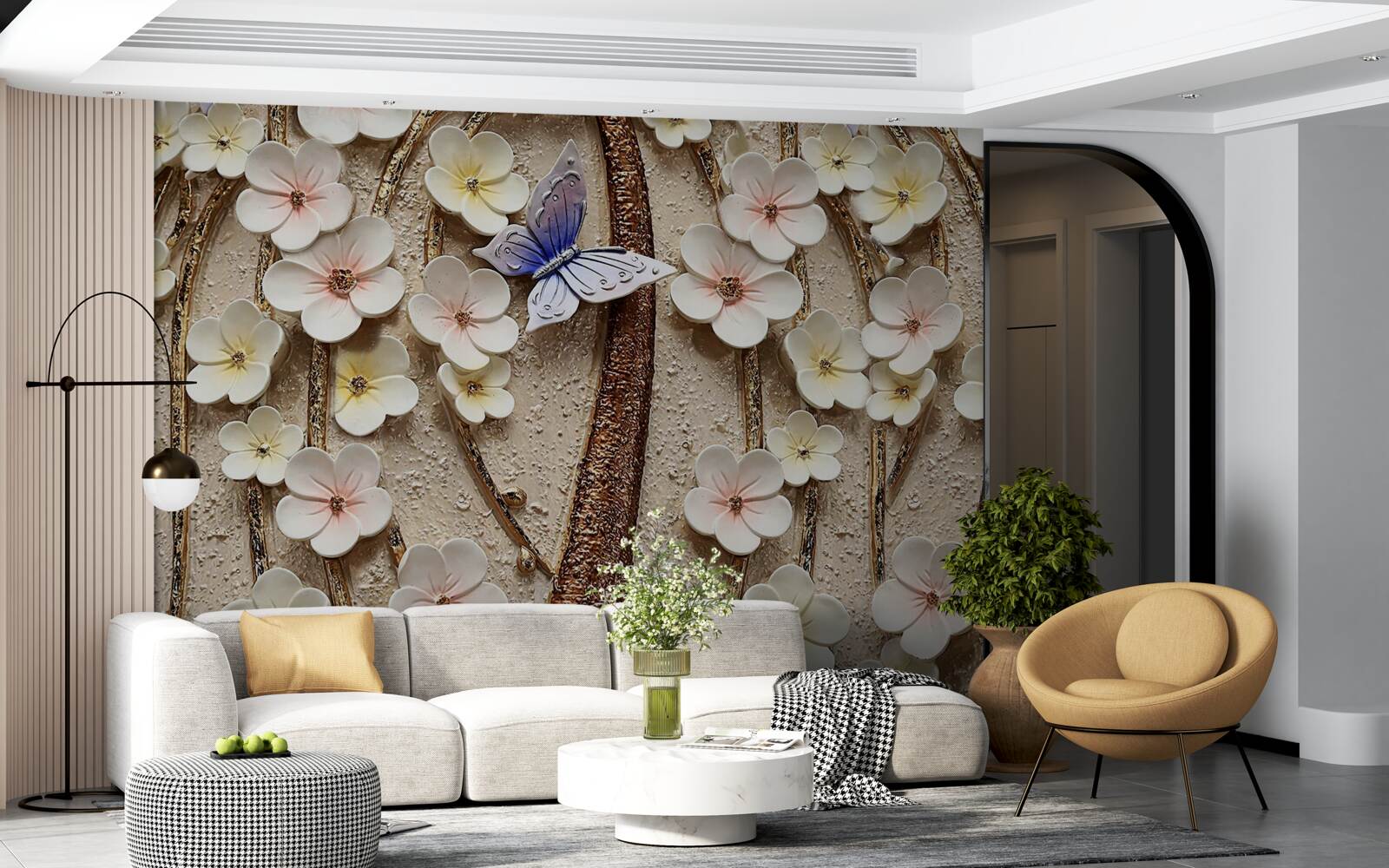 Fotobehang zachte knoppen en blauwe vlinder