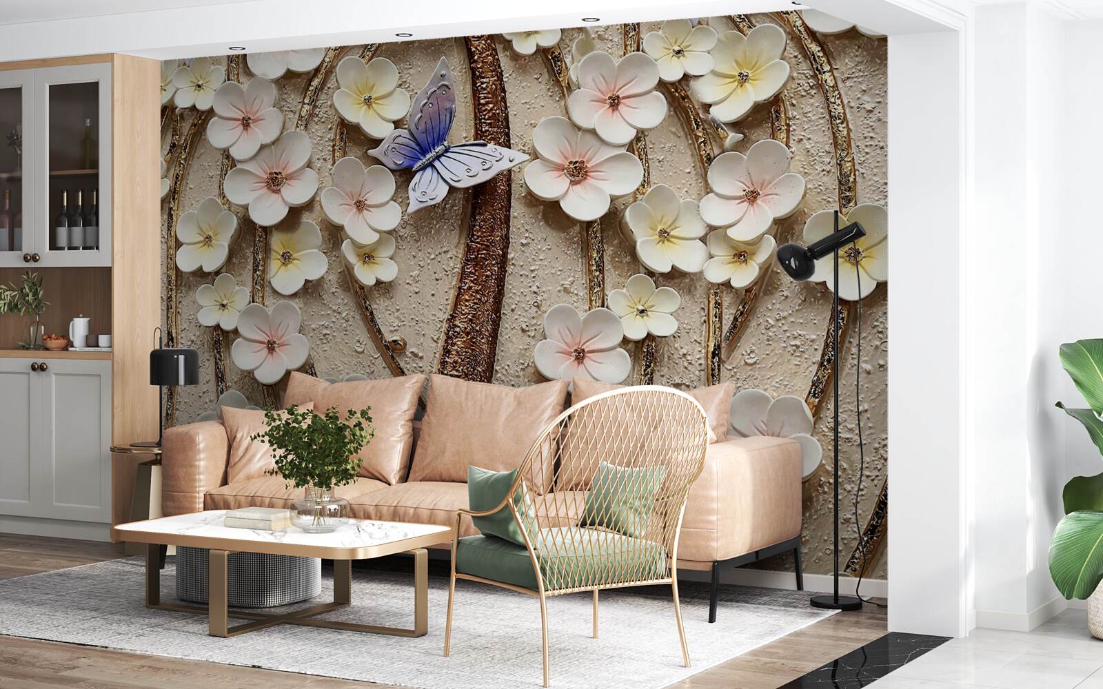 Fotobehang zachte knoppen en blauwe vlinder