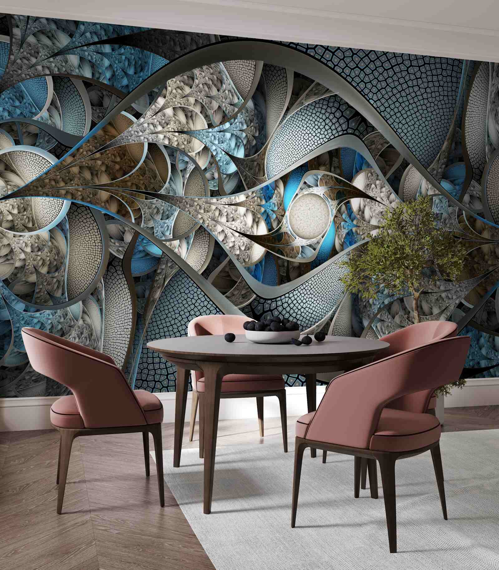 Fotobehang compositie van gebogen lijnen en kleurvlakken