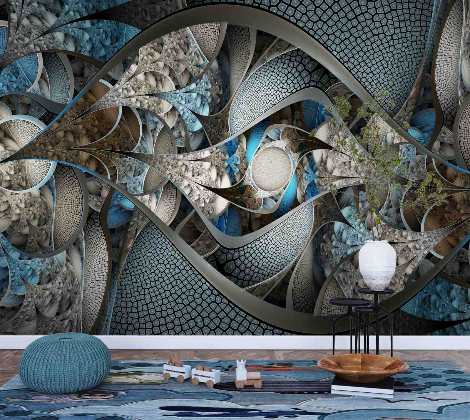 Fotobehang compositie van gebogen lijnen en kleurvlakken