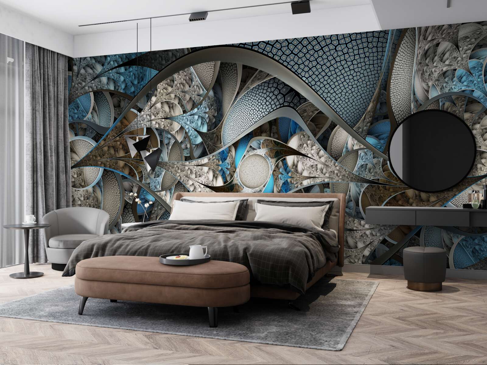 Fotobehang compositie van gebogen lijnen en kleurvlakken