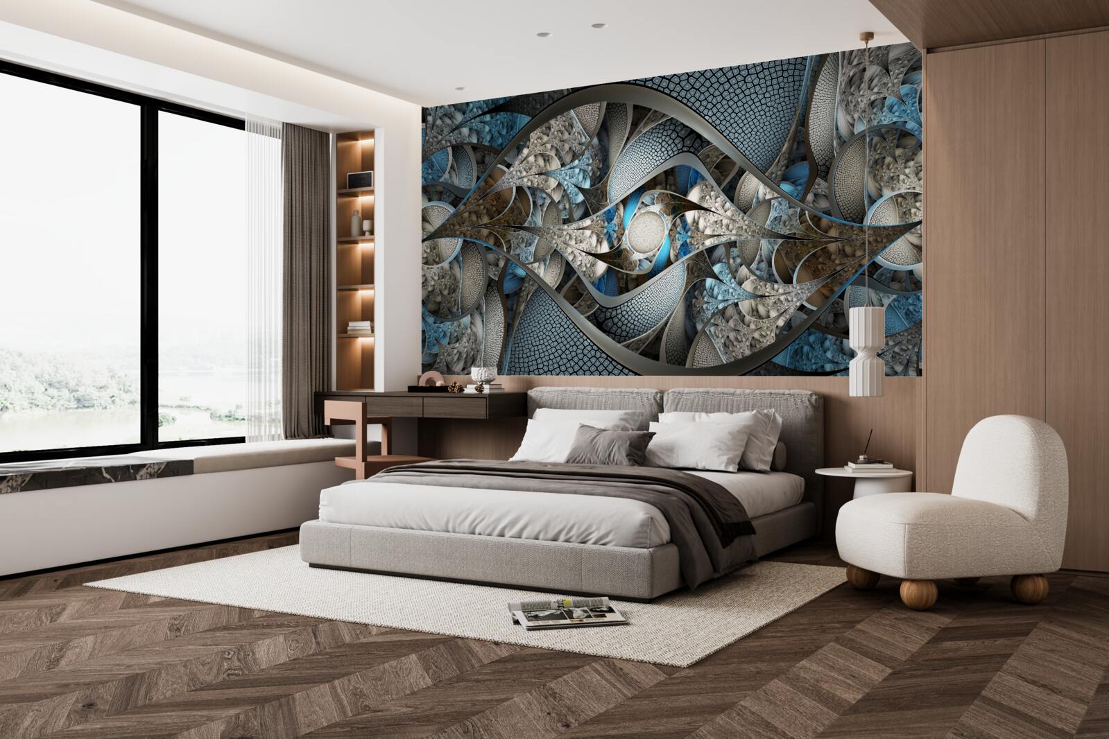 Fotobehang compositie van gebogen lijnen en kleurvlakken