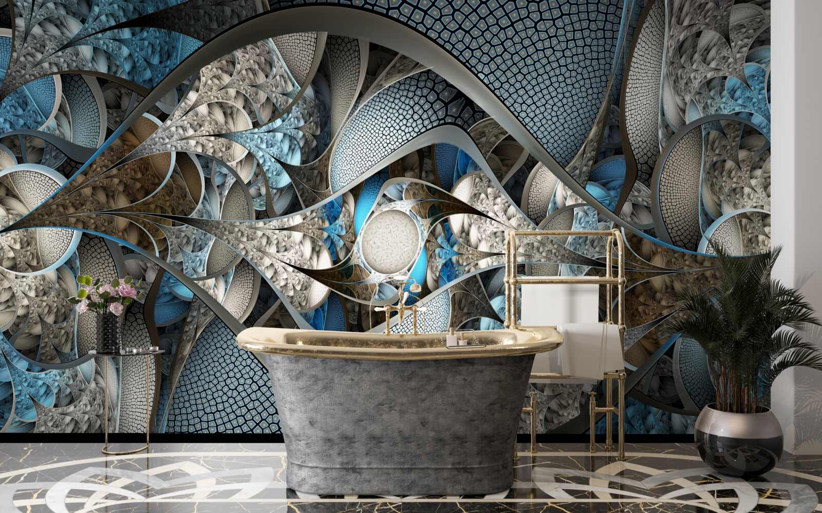 Fotobehang compositie van gebogen lijnen en kleurvlakken