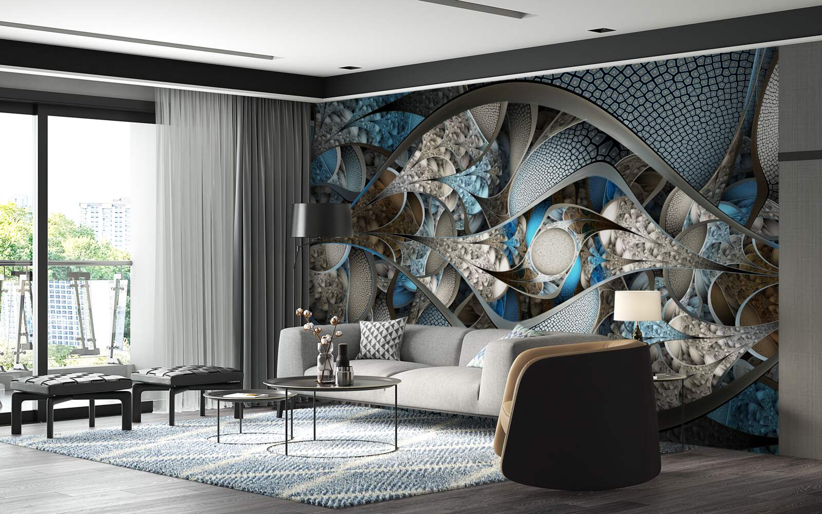 Fotobehang compositie van gebogen lijnen en kleurvlakken