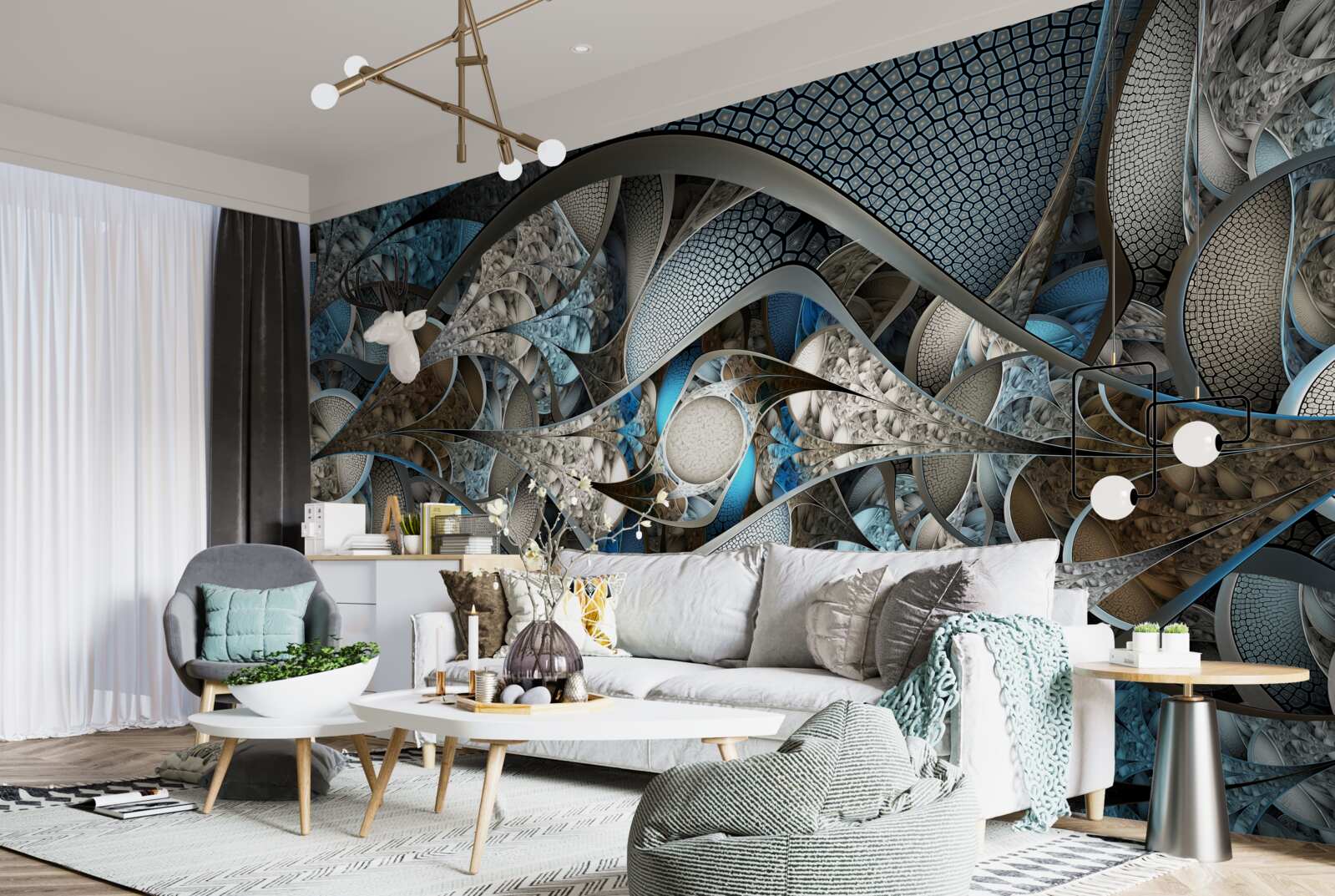 Fotobehang compositie van gebogen lijnen en kleurvlakken