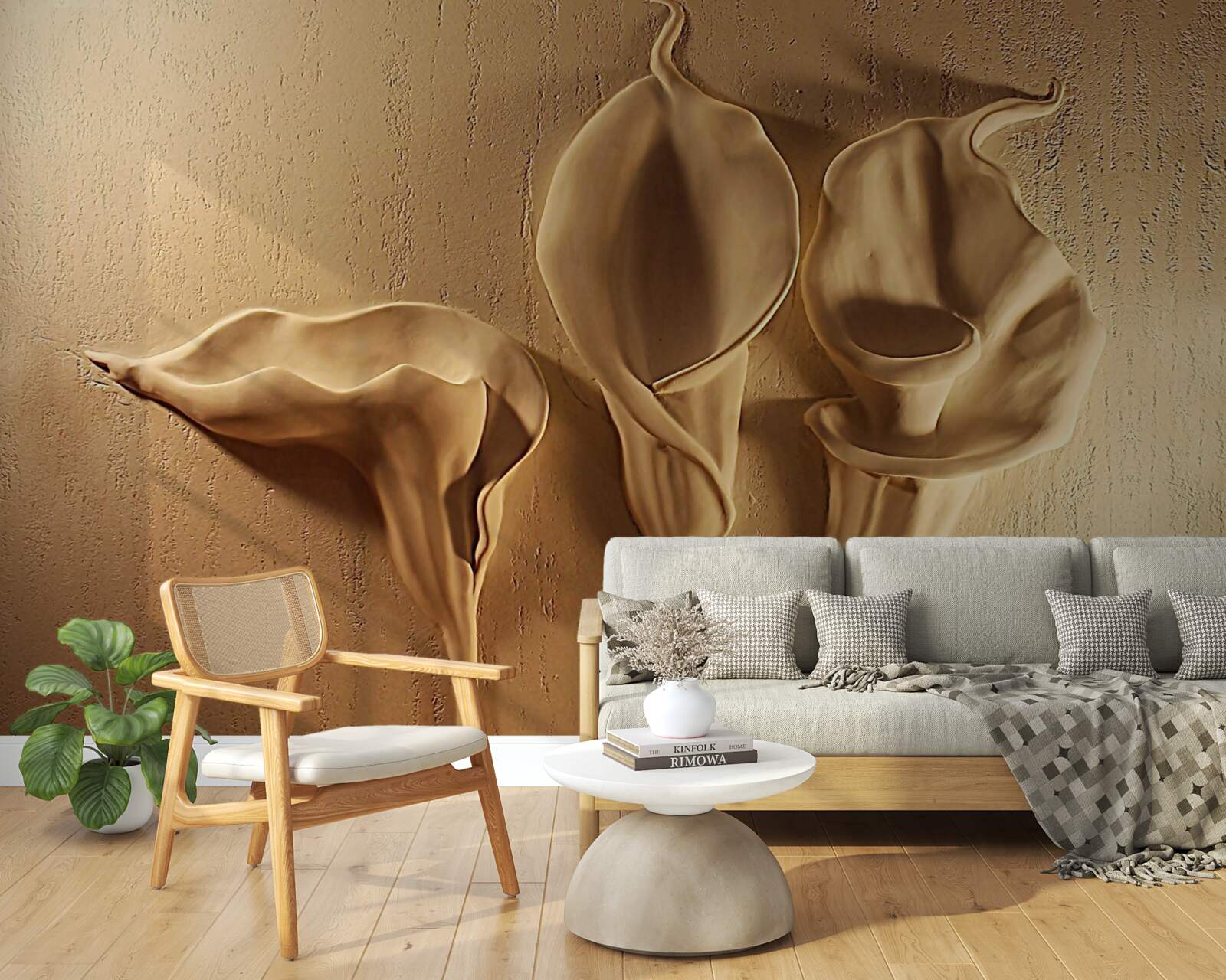 Fotobehang calla lelies van zand op de muur