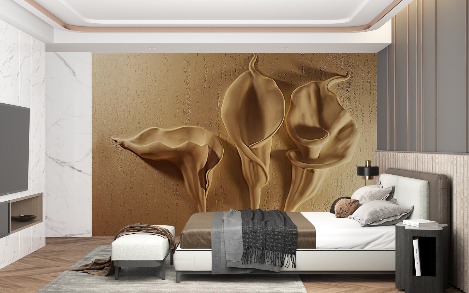 Fotobehang calla lelies van zand op de muur